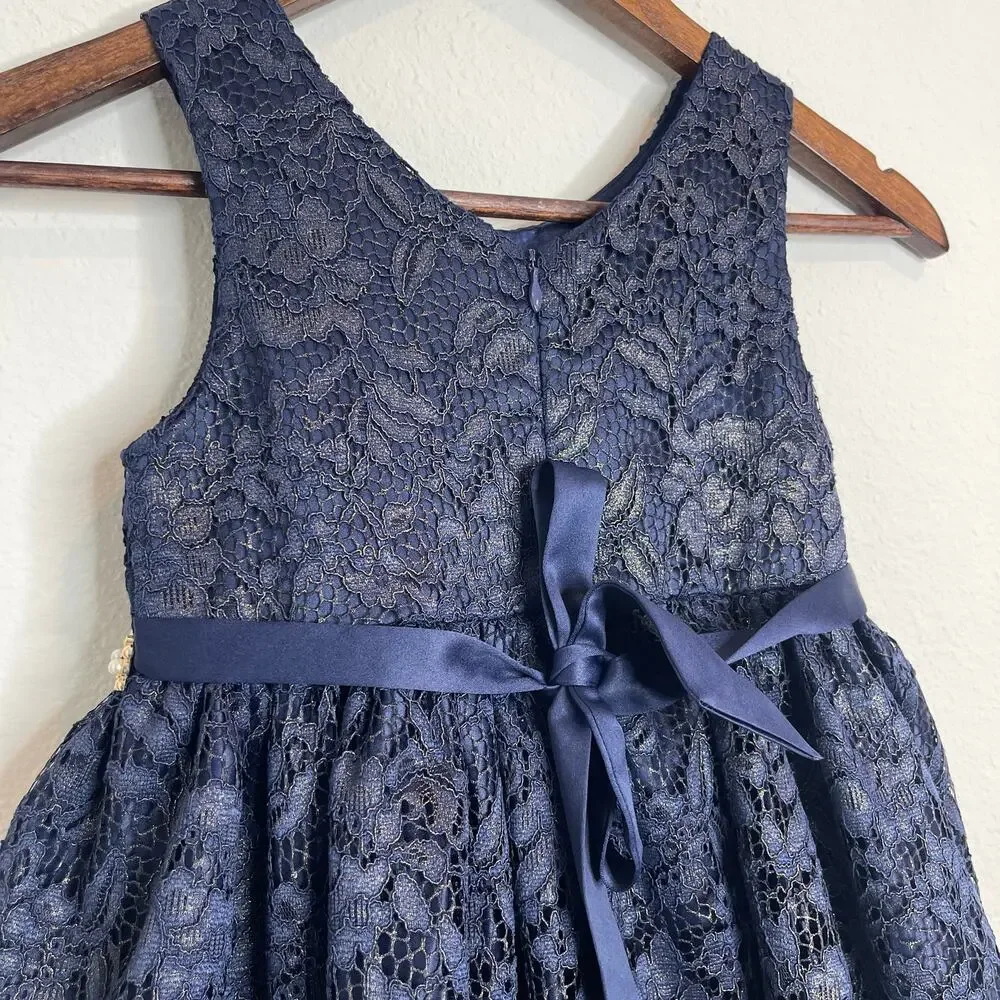 American Princess Girls Navy Gold Lace Dress Pearl Waist Bow Size 6X 7 Formal